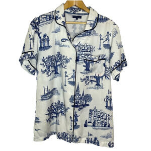 Women's Large Katie Kime Blue Toile 100% Cotton Button Pajama Top